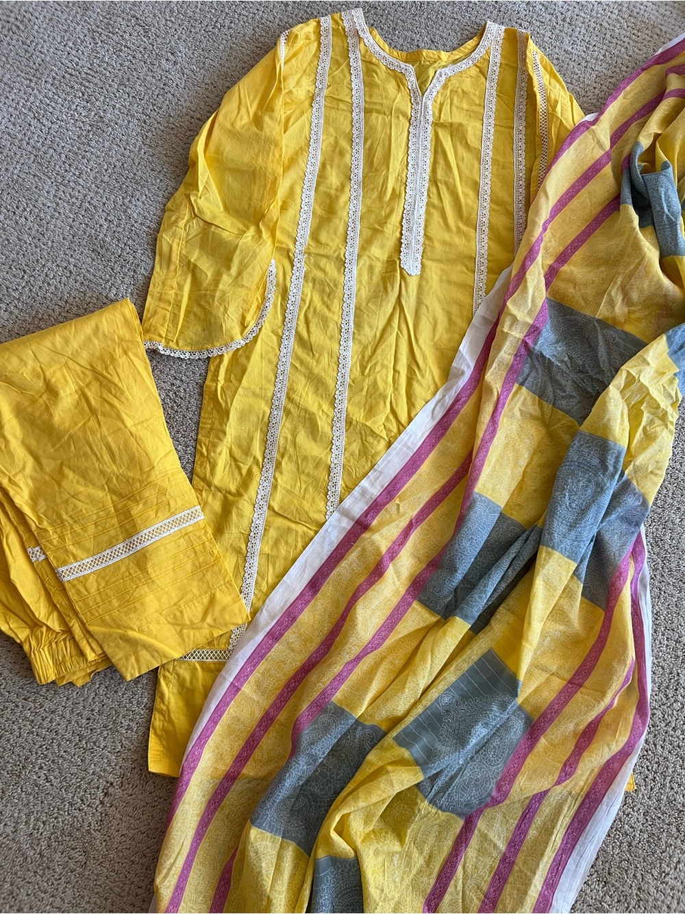 Yellow Set with Striped dupatta Indian Pakistani cotton dress with lace details